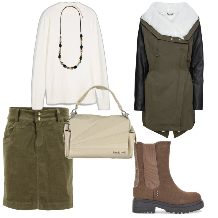 Outfit donna - In giro. per Tutti i giorni. Abbinamento con maglieria, cappotti, gonne lunghe, stivaletti chelsea, collane, borse a spalla.