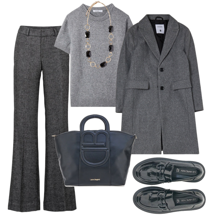 Outfit donna - Città con stile. Stile Trendy per Tutti i giorni. Abbinamento con pantaloni a palazzo, cardigans, cappotti, mocassini, collane, borse a tracolla.