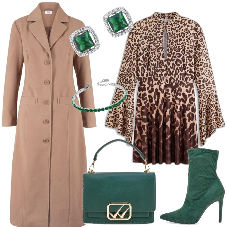 Outfit donna - Serata fuori. Stile Trendy per Serata fuori. Abbinamento con cappotti, vestiti, orecchini, braccialetti, stivaletti, borse a tracolla.