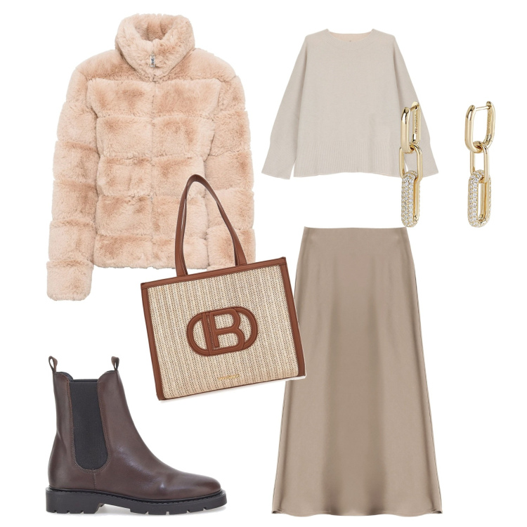 Outfit donna - Pranzo con le amiche. Stile Casual chic per Tutti i giorni. Abbinamento con ecopellicce, orecchini, gonne longuette, maglieria, stivaletti chelsea, borse a spalla.