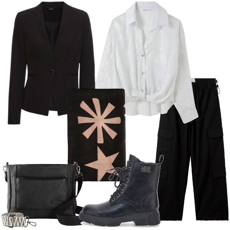 Outfit donna - Il tuo stile vincente. Stile Trendy per Tutti i giorni. Abbinamento con borse a tracolla, blazer, camicie, pantaloni, anfibi, sciarpe.