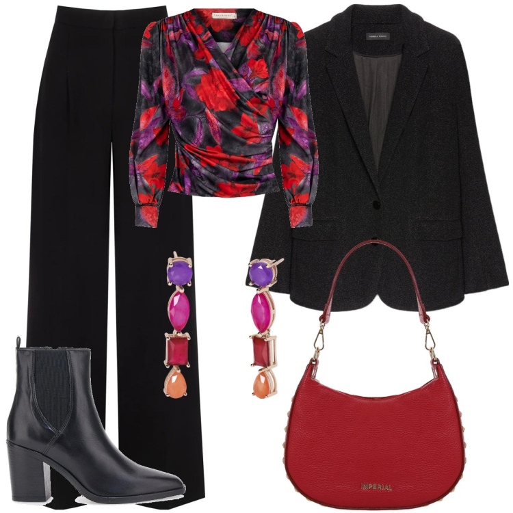 Outfit donna - Blaser nero. Stile Casual chic per Tutti i giorni. Abbinamento con orecchini, bluse, pantaloni a palazzo, borse a spalla, stivaletti, blazer.