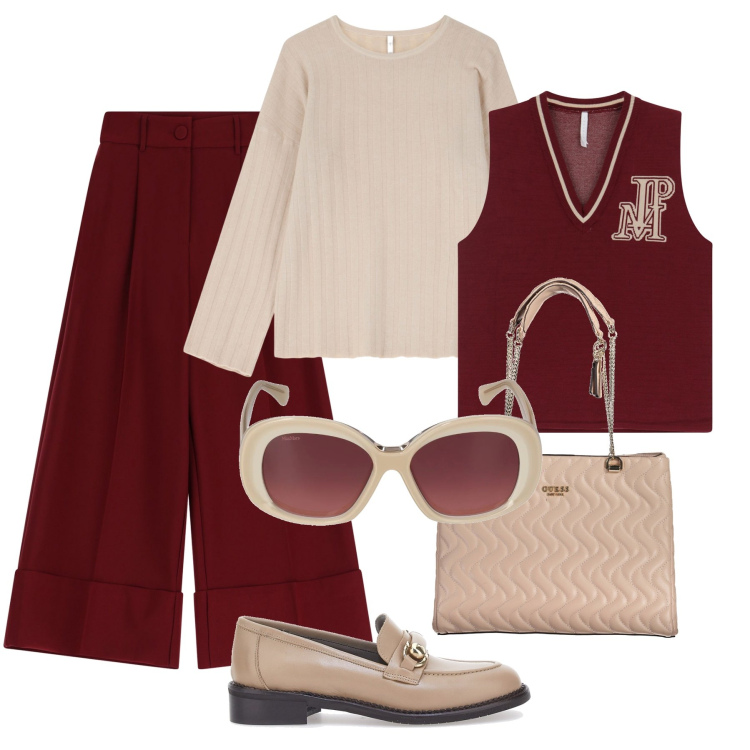 Outfit donna - Ufficio sotto le feste. Stile Glamour per Ufficio. Abbinamento con pantaloni, pullovers, gilet, mocassini, occhiali da sole, borse a spalla.