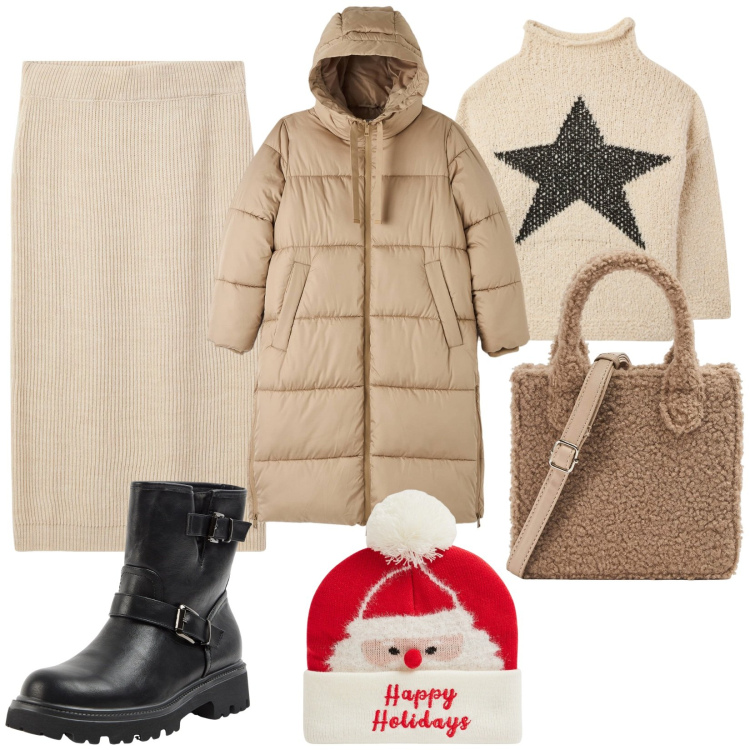 Outfit donna - Il cappellino di Babbo Natale. Stile Basic per Tutti i giorni. Abbinamento con berretti, stivaletti, piumini, maglieria, gonne lunghe, shopping bag.