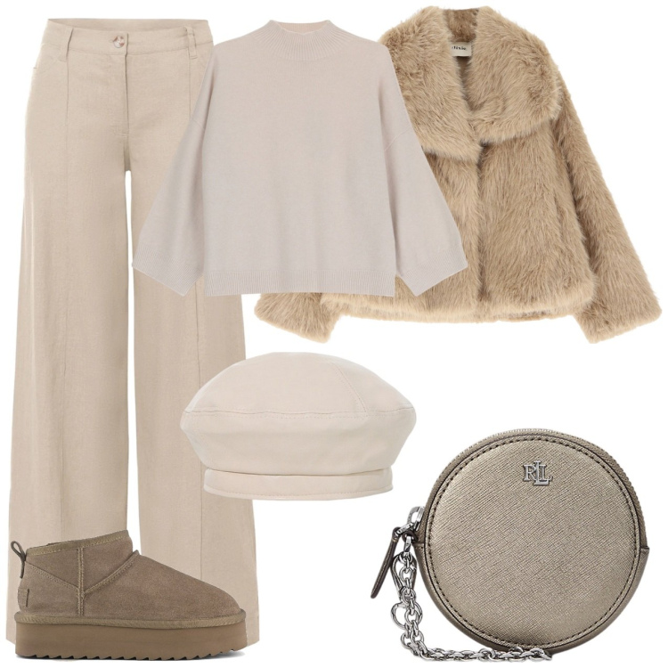Outfit donna - Pelliccia sintetica cammello. Stile Casual per Tutti i giorni. Abbinamento con pantaloni a palazzo, pullovers, ecopellicce, cappelli e berretti, pochette, stivaletti.