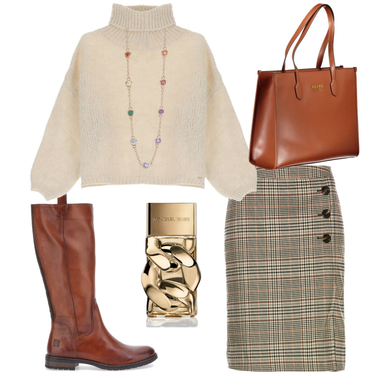 Outfit donna - Total look #2017265. Stile Casual per Tutti i giorni. Abbinamento con gonne, profumi, collane, maglieria, borse a spalla, stivali sopra il ginocchio.