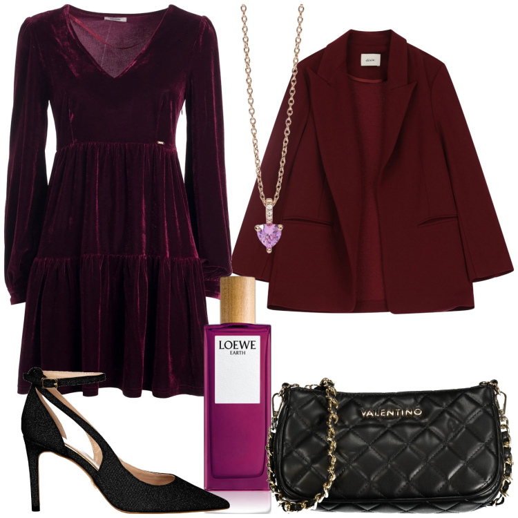 Outfit donna - Velluto bordeaux. Stile Chic per Cerimonia. Abbinamento con profumi, ciondoli, décolleté, vestiti, blazer, borse a spalla.