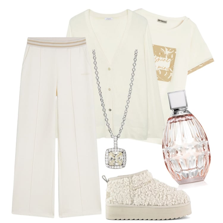Outfit donna - Easy style in winter. Stile Basic per Tutti i giorni. Abbinamento con profumi, collane, pantaloni, t-shirt, stivaletti, cardigans.