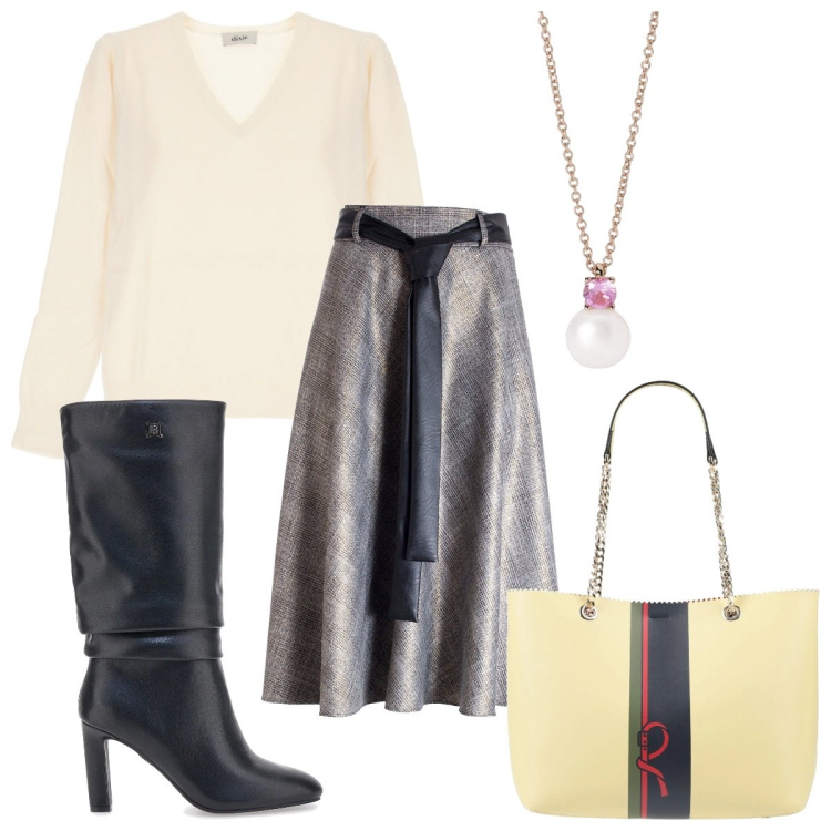 Outfit donna - Total look #2017289. Stile Casual per Tutti i giorni. Abbinamento con borse a spalla, collane, gonne longuette, maglieria, stivali.