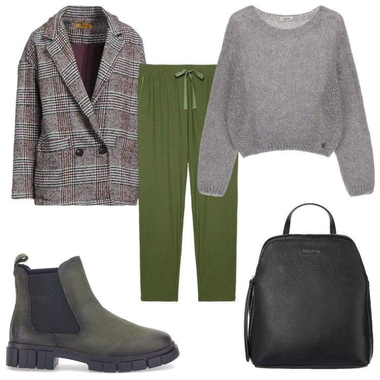 Outfit donna - Total look #2017291. Stile Casual per Tutti i giorni. Abbinamento con blazer, maglieria, zaini, stivaletti chelsea, pantaloni.