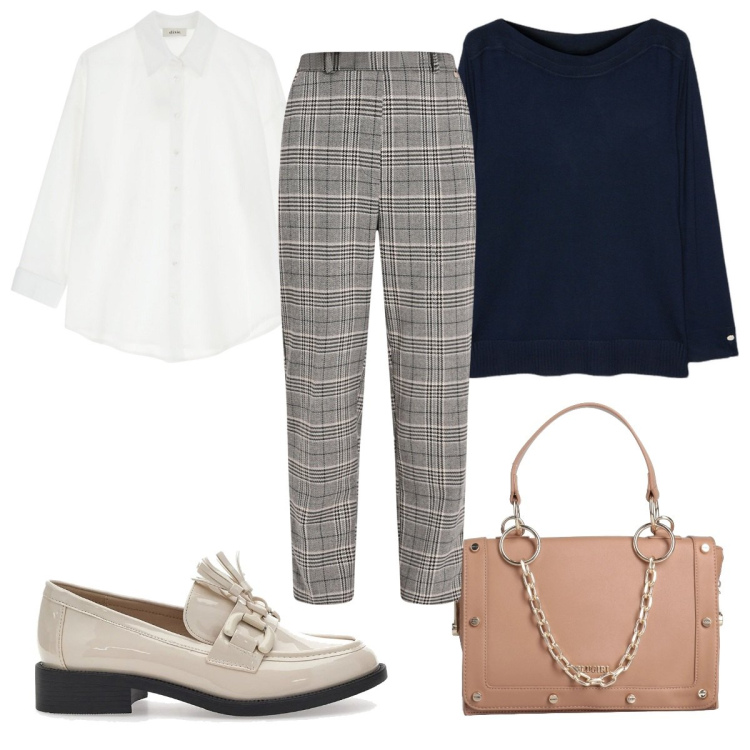 Outfit donna - Total look #2017292. Stile Mannish per Ufficio. Abbinamento con borse a mano, pantaloni, camicie, mocassini, maglieria.