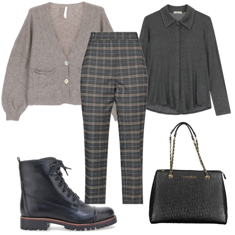 Outfit donna - Total look #2017293. Stile Casual per Tutti i giorni. Abbinamento con pantaloni, cardigans, camicie, stivaletti, borse a spalla.