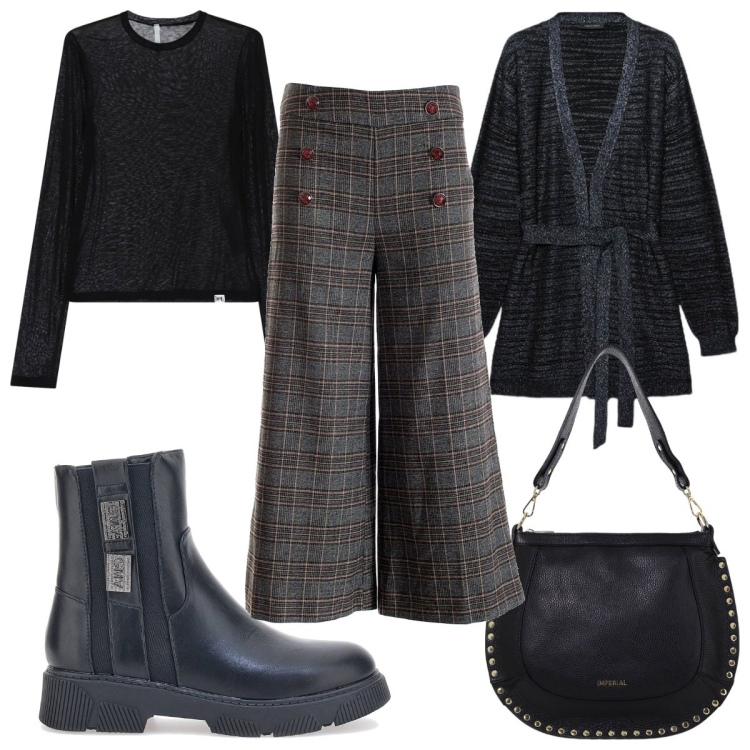 Outfit donna - Total look #2017302. Stile 70s per Tutti i giorni. Abbinamento con pantaloni culotte, borse a spalla, top, stivaletti chelsea, cardigans.