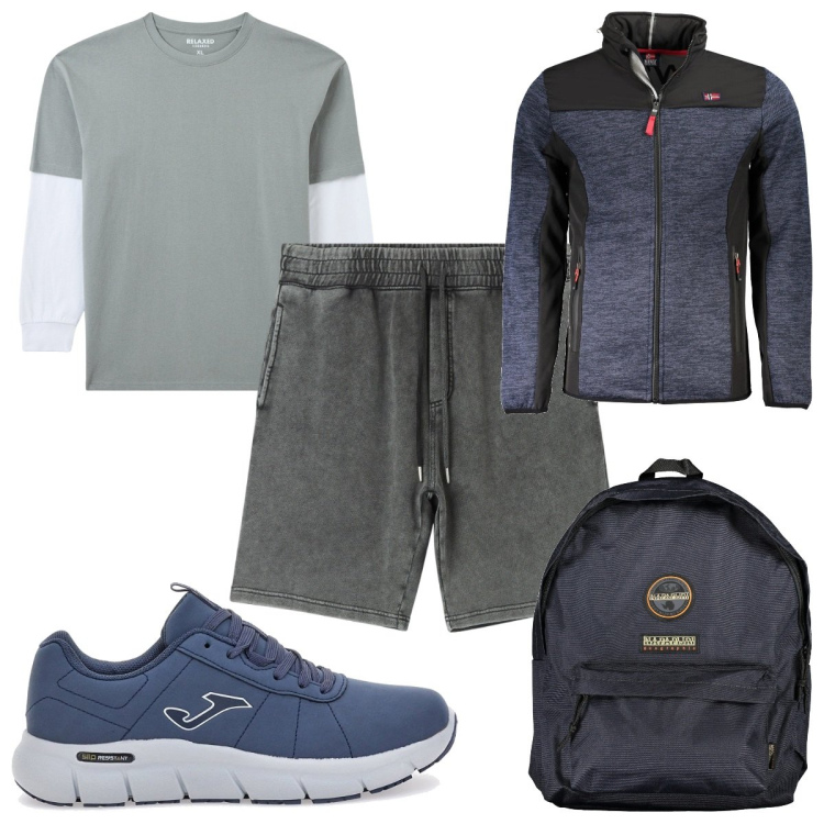 Outfit uomo - Total look #2017309. Stile Trendy per Tutti i giorni. Abbinamento con pantaloni corti, t-shirt, sneakers, borse sportive, giacche sportive.