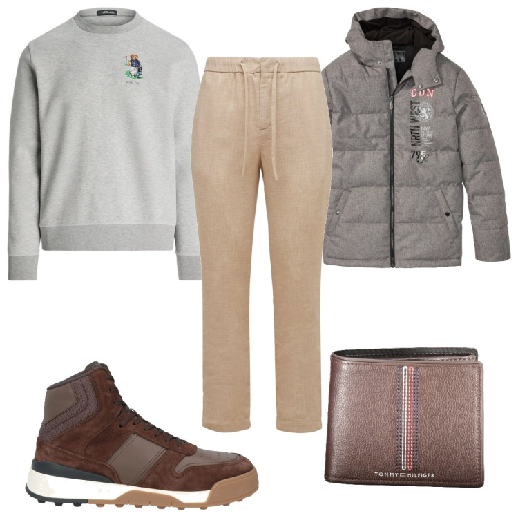 Outfit uomo - Total look #2017322. Stile Casual per Tutti i giorni. Abbinamento con giacche, sneakers alte, felpe, portafogli, pantaloni chino.