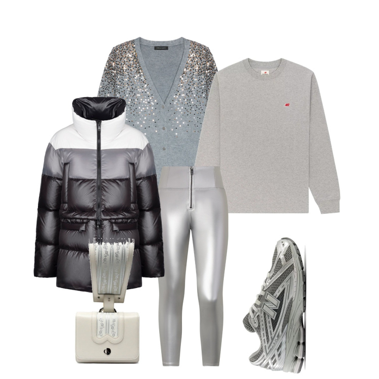 Outfit donna - Gocce di argento. Stile Casual chic per Tutti i giorni. Abbinamento con t-shirt, sneakers, pantaloni skinny, piumini, cardigans, borse a mano.