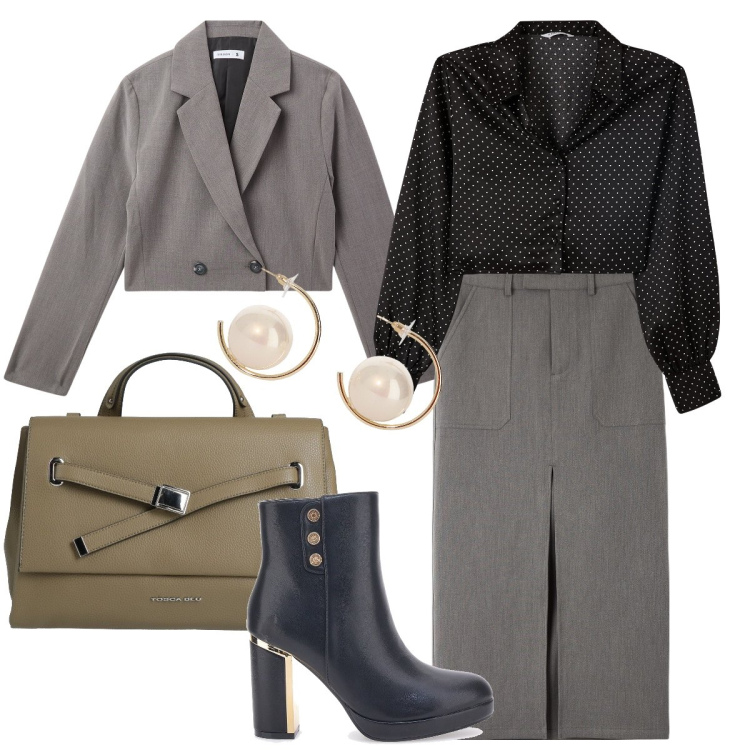 Outfit donna - La camicia a pois. Stile Bon Ton per Ufficio. Abbinamento con borse a mano, camicie, gonne lunghe, blazer, orecchini, stivali.