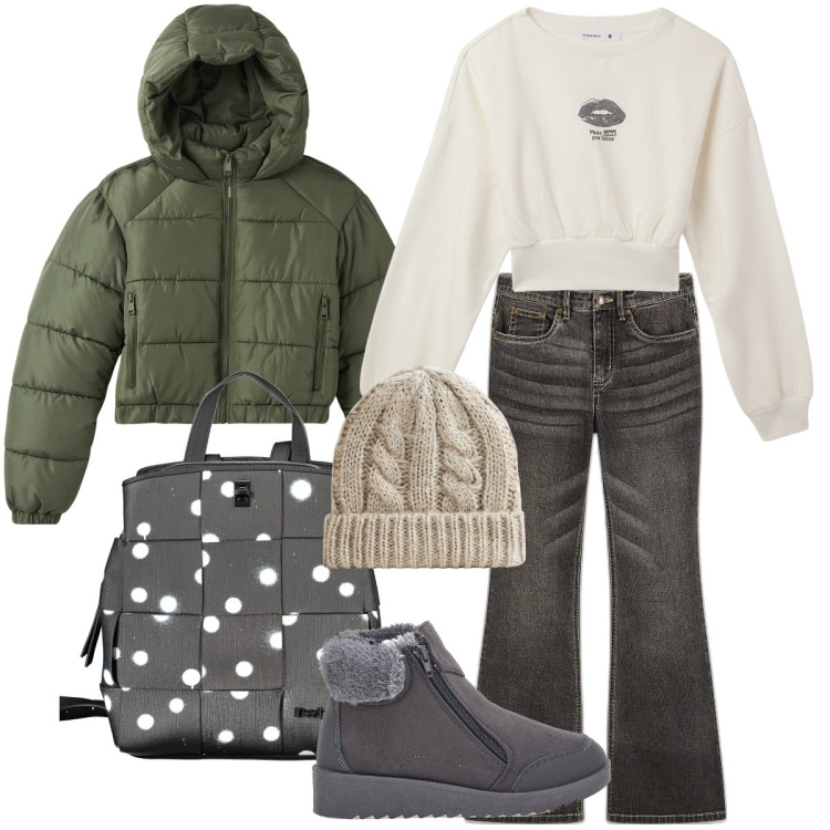 Outfit donna - Il piumino verde. Stile Basic per Tutti i giorni. Abbinamento con jeans a zampa, felpe, blazer, berretti, stivali da neve, zaini.
