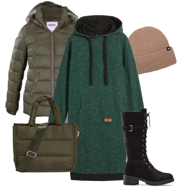 Outfit donna - L’abito felpato. Stile Basic per Tutti i giorni. Abbinamento con stivali, piumini, vestiti, shopping bag, berretti.