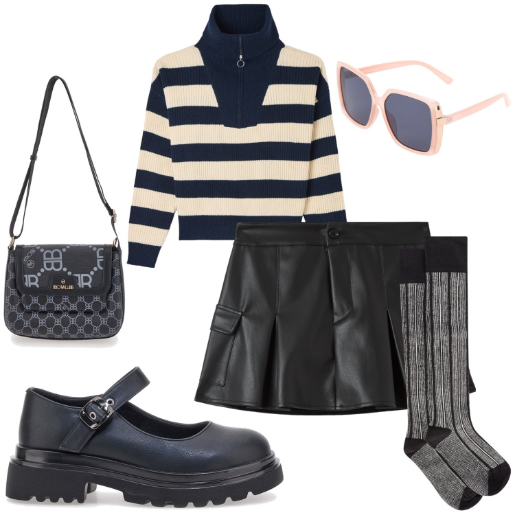 Outfit donna - Girly. Stile Preppy per Tutti i giorni. Abbinamento con minigonne, maglieria, ballerine, borse a tracolla, collant, occhiali da sole.
