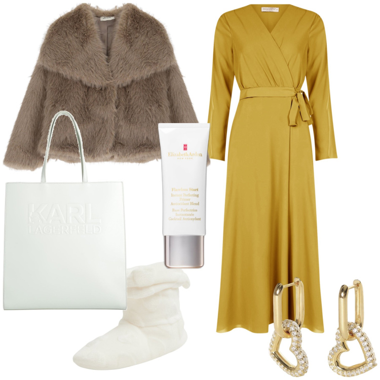 Outfit donna - Sera nevosa. Stile Glamour per Serata fuori. Abbinamento con borse a mano, primer, pantofole, orecchini, vestiti chemisier, ecopellicce.