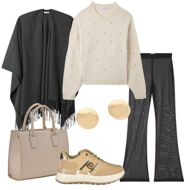 Outfit donna - Power comfort. Stile Casual chic per Tutti i giorni. Abbinamento con cappe, maglieria, pantaloni, shopping bag, orecchini, sneakers.