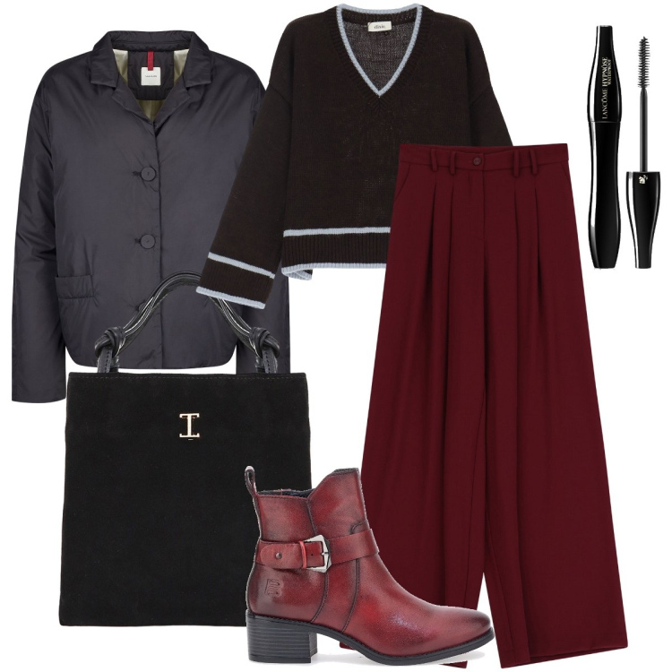 Outfit donna - Gli stivaletti rossi. Stile Trendy per Ufficio. Abbinamento con mascara, pantaloni, shopping bag, maglieria, blazer, stivali sopra il ginocchio.