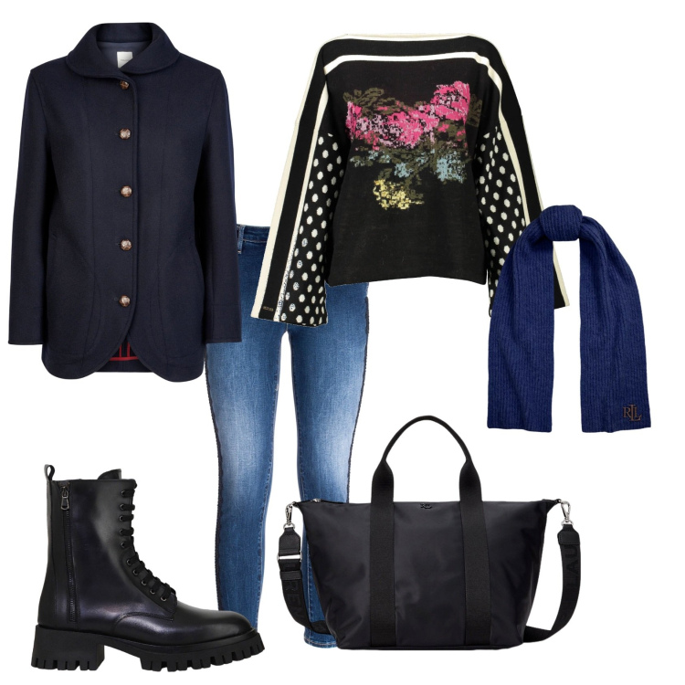 Outfit donna - Sotto la prima neve. Stile Casual chic per Ufficio. Abbinamento con jeans skinny, borse tote, sciarpe, stivali, blazer, maglieria.