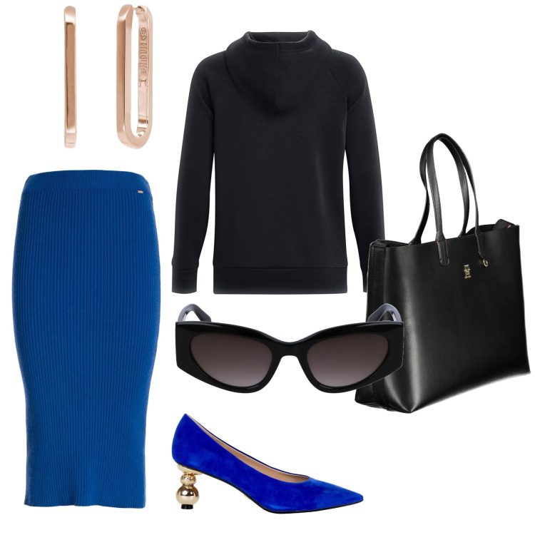 Outfit donna - Tubino e scarpe gioiello. Stile Chic per Ufficio. Abbinamento con orecchini, décolleté, gonne longuette, felpe con cappuccio, borse a spalla, occhiali da sole.