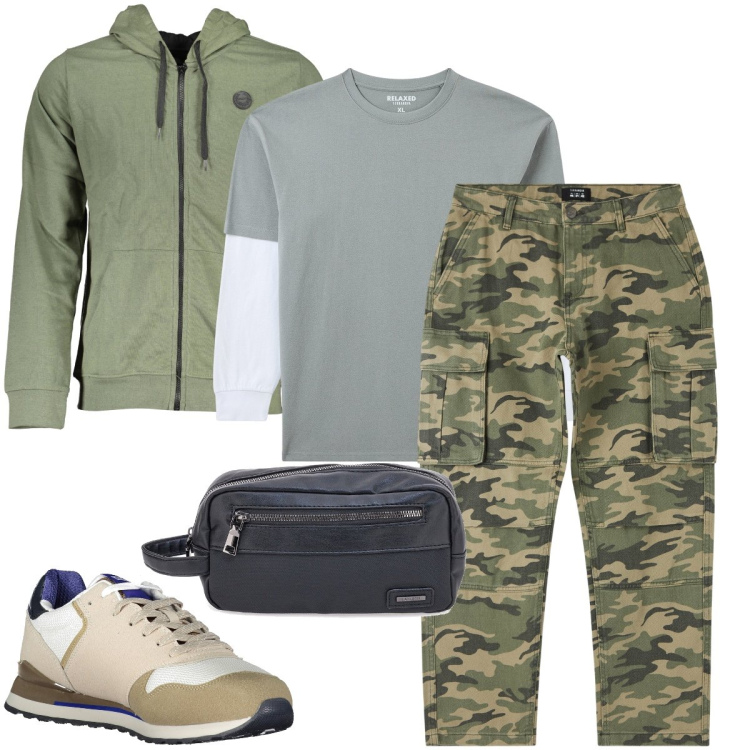 Outfit uomo - I pantaloni mimetici. Stile Casual per Sport. Abbinamento con pantaloni cargo, t-shirt, borse sportive, sneakers, felpe con cappuccio.