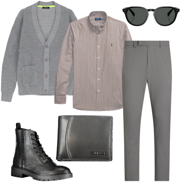 Outfit uomo - Grigio style. Stile Business/Elegante per Ufficio. Abbinamento con cardigans, occhiali da sole, camicie, pantaloni, stivali, portafogli.