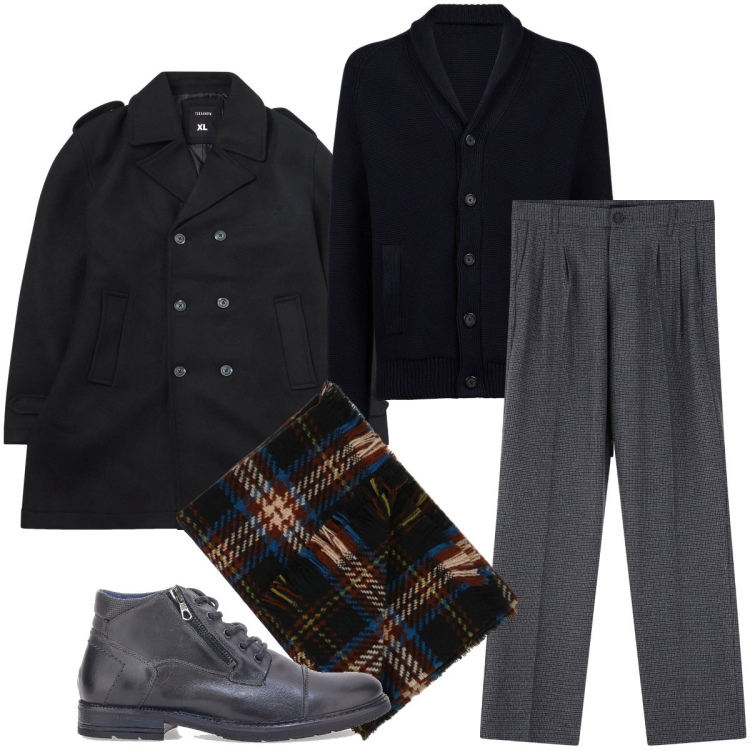 Outfit uomo - Toni scuri per la serata. Stile Business/Elegante per Serata speciale. Abbinamento con cappotti, sciarpe, pantaloni, stivali e stivaletti, cardigans.