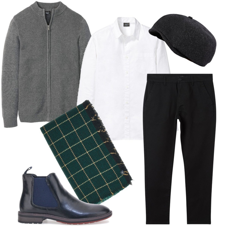 Outfit uomo - La sciarpa a quadri. Stile Business/Elegante per Serata speciale. Abbinamento con camicie, cardigans, pantaloni chino, stivali e stivaletti, sciarpe, cappelli e berretti.