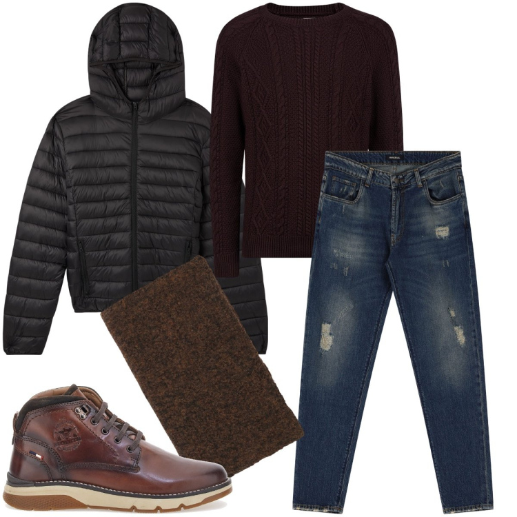 Outfit uomo - Il piumino nero. Stile Urban per Tutti i giorni. Abbinamento con giacche, jeans dritti, sciarpe, stivali e stivaletti, maglieria.