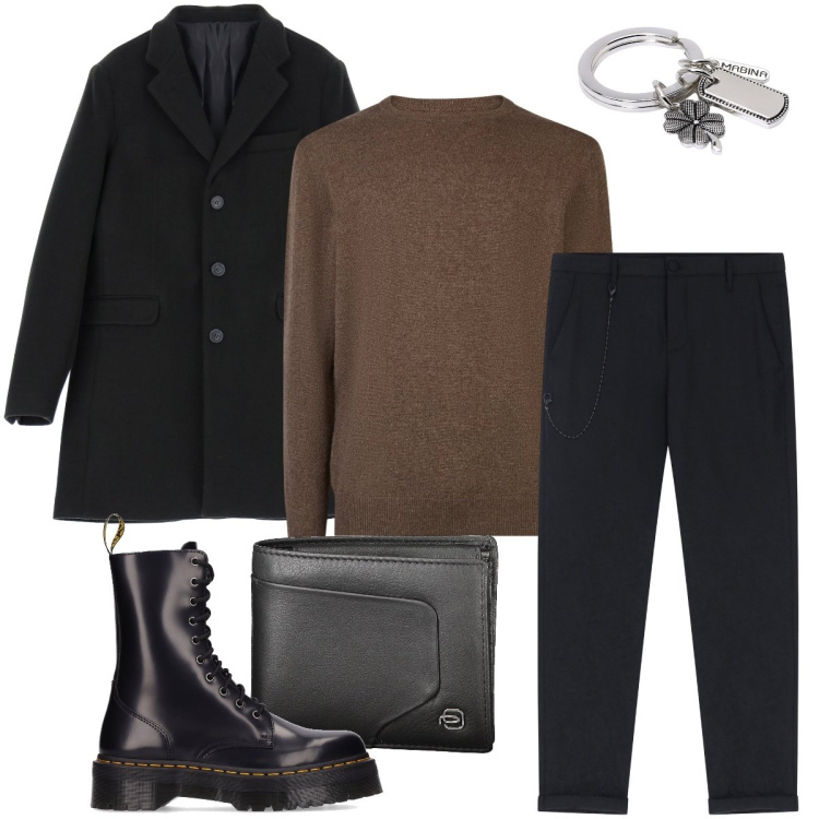 Outfit uomo - Serata speciale. Stile Business/Elegante per Serata speciale. Abbinamento con portachiavi, pantaloni, cappotti, maglieria, stivali, portafogli.