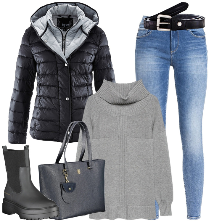 Outfit donna - Dicembre. Stile Casual chic per Tutti i giorni. Abbinamento con piumini, jeans, cinture, maglieria, stivali, borse a spalla.