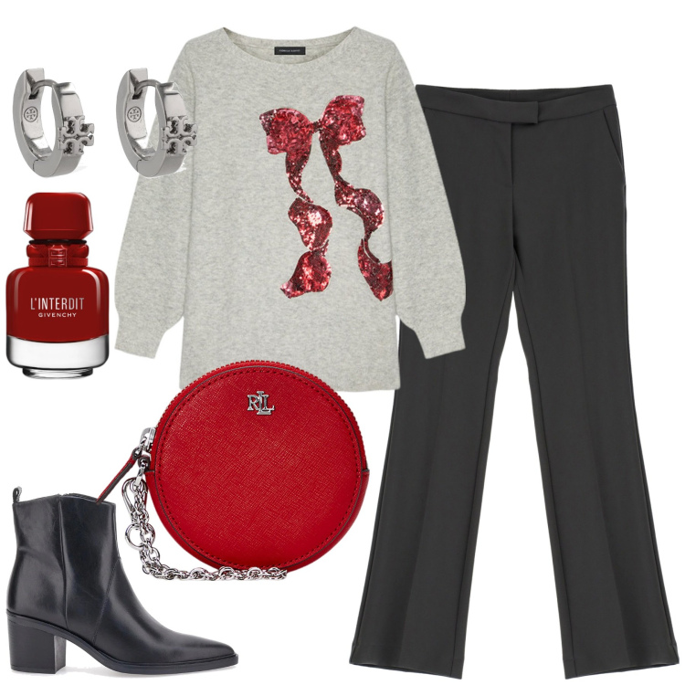 Outfit donna - Dicembre. Stile Minimal per Tutti i giorni. Abbinamento con profumi, pantaloni, pochette, maglieria, stivaletti, orecchini.