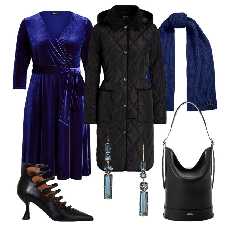 Outfit donna - Total look #2017386. Stile Chic per Serata fuori. Abbinamento con stivaletti, borse a secchiello, cappotti, vestiti, sciarpe, orecchini.