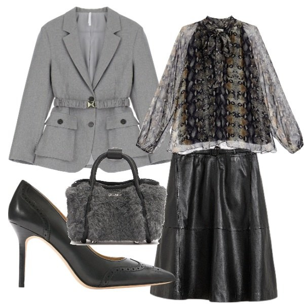 Outfit donna - Winter cool. Stile Trendy per Ufficio. Abbinamento con gonne, blazer, camicie, décolleté, borse a mano.