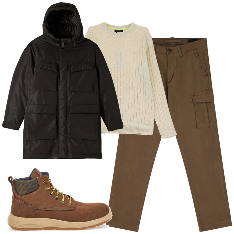 Outfit uomo - City. Stile Casual per Tutti i giorni. Abbinamento con parka, maglieria, pantaloni cargo, stivali e stivaletti.