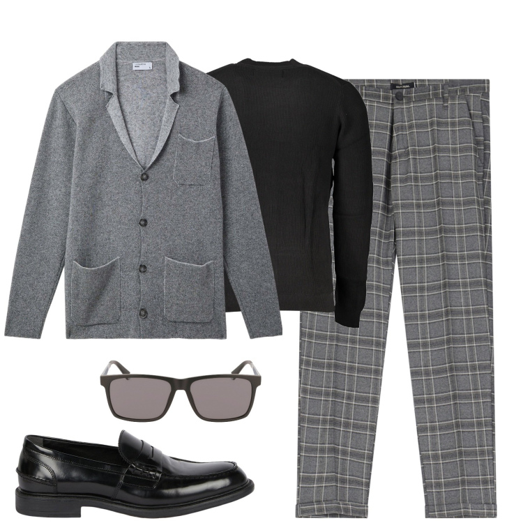 Outfit uomo - In ufficio. Stile Business/Elegante per Ufficio. Abbinamento con giacche, pantaloni, maglieria, scarpe stringate, occhiali da sole.