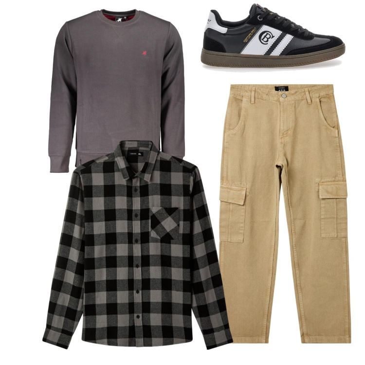 Outfit uomo - Camicia sul pullover. Stile Casual per Tutti i giorni. Abbinamento con pantaloni cargo, camicie, sneakers, felpe.