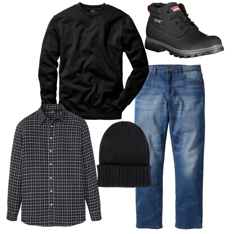 Outfit uomo - Ben fatto. Stile Casual per Tutti i giorni. Abbinamento con jeans dritti, felpe, camicie, stivali, berretti.