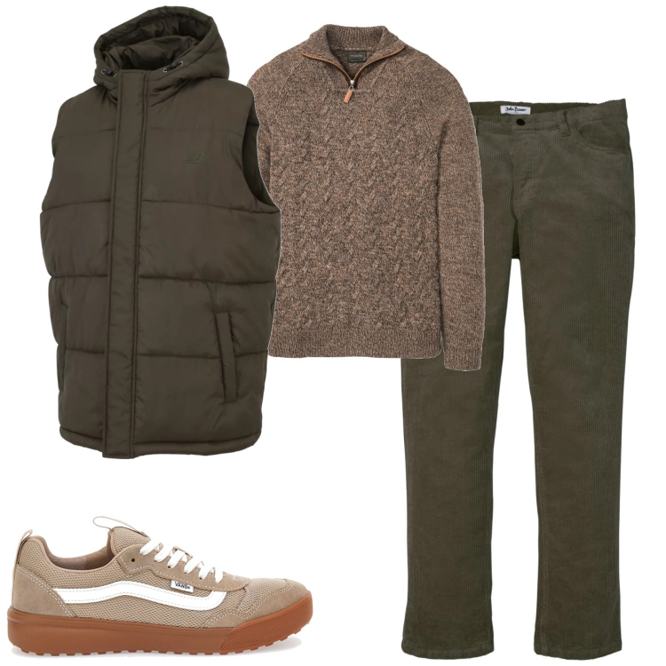Outfit uomo - City. Stile Casual per Tutti i giorni. Abbinamento con maglieria, pantaloni, gilet, sneakers.