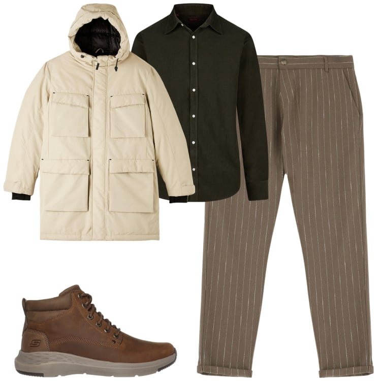 Outfit uomo - Total look #2017415. Stile Urban per Tutti i giorni. Abbinamento con parka, pantaloni, stivali e stivaletti, camicie.