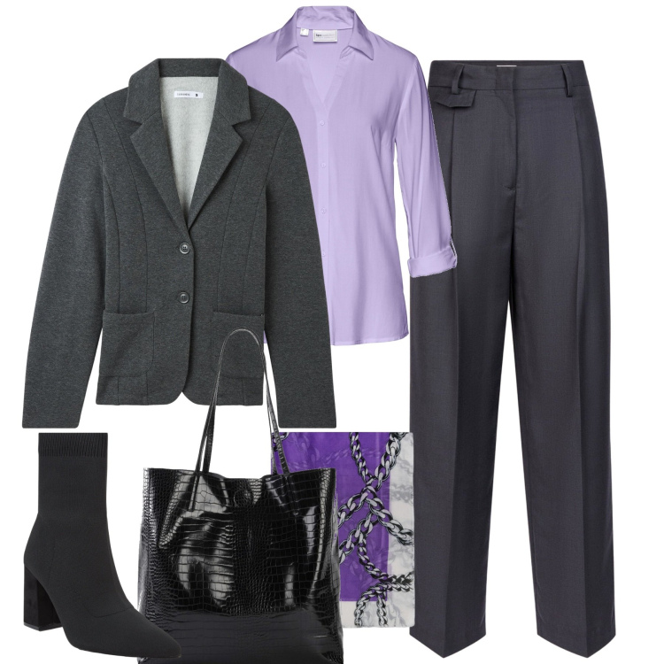 Outfit donna - In ufficio. Stile Chic per Ufficio. Abbinamento con shopping bag, camicie, stivaletti, blazer, pantaloni, sciarpe.