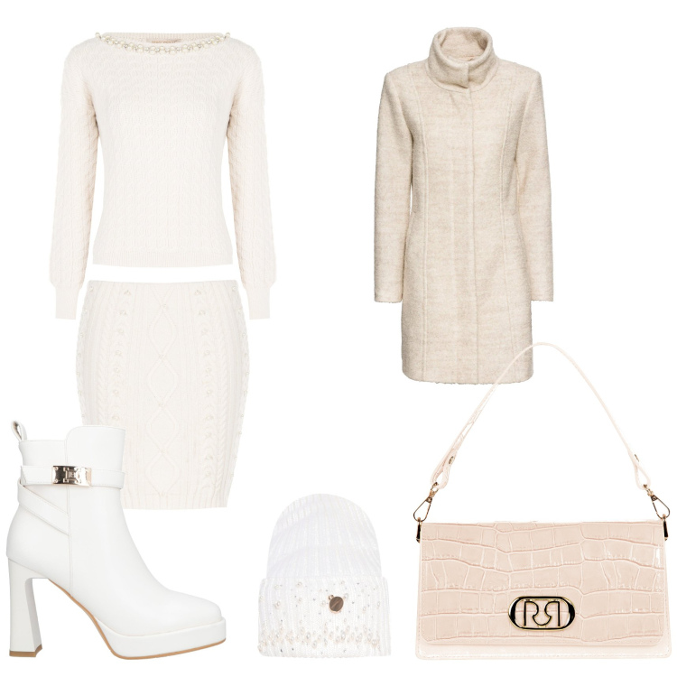 Outfit donna - total white. Stile Minimal per Serata fuori. Abbinamento con cappotti, stivaletti, maglieria, borse a tracolla, berretti, gonne.