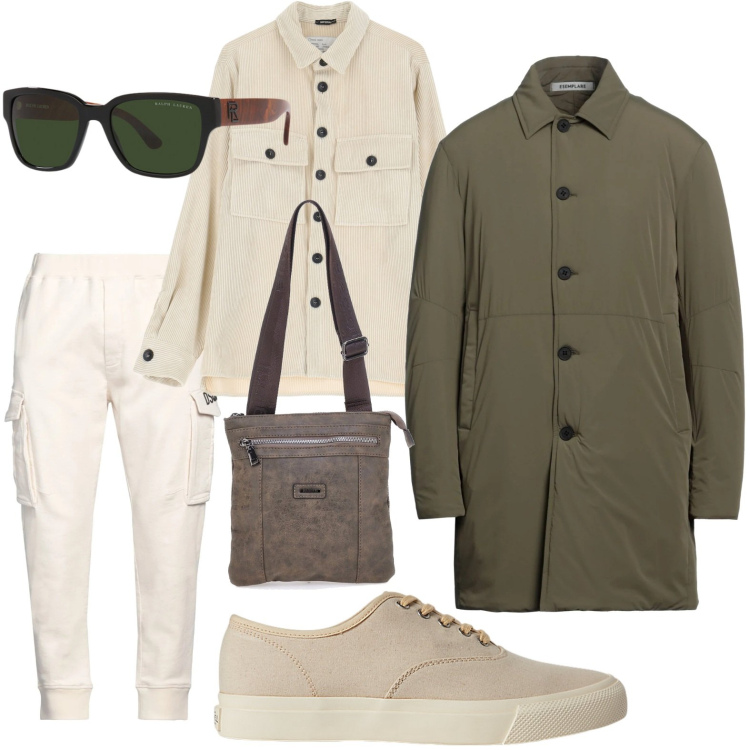Outfit uomo - Soprabito moderno. Stile Trendy per Tutti i giorni. Abbinamento con trench, pantaloni, camicie, sneakers, occhiali da sole, portafogli.