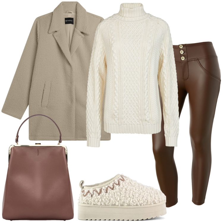 Outfit donna - Bianco e marrone. Stile Casual per Tutti i giorni. Abbinamento con cappotti, pantaloni skinny, sabot, borse a spalla, maglieria.