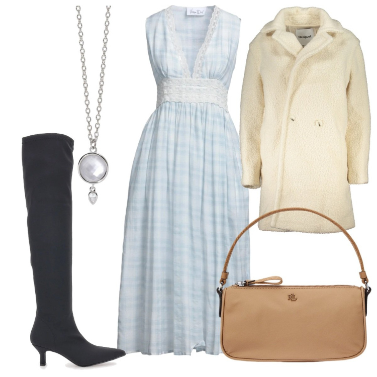 Outfit donna - Total look #2017466. Stile Trendy per Tutti i giorni. Abbinamento con vestiti midi/longuette, collane, pochette, stivali, cappotti.